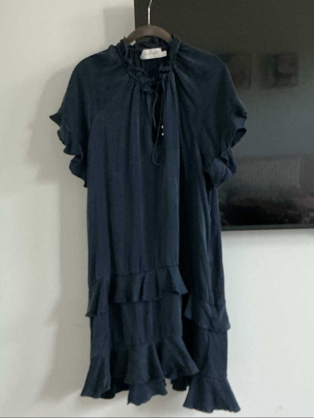 Zimmermann Silk Navy Ruffle Tie-Neck Mini Dress